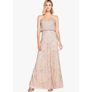 Adrianna Papell Art Deco Beaded Blouson Gown in Taupe Pink Size 2